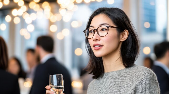 Young woman wearing glasses in a busy urban setting, standing near informational displays. Concept: exploration, curiosity.