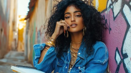 Obraz premium Urban Chic: A captivating portrait of a young woman with cascading curls, her gaze intense and alluring. She leans against a vibrant graffiti-covered wall.