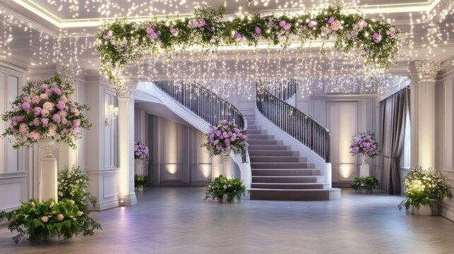Grand Staircase Wedding Venue: Lavish floral arrangements and sparkling lights adorn a majestic staircase in an elegant wedding venue. Perfect for showcasing romance, luxury, and sophistication. 