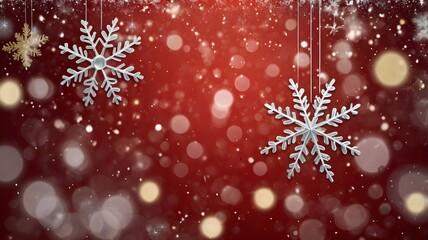 Red Christmas Background with Snowflakes and Bokeh Lights