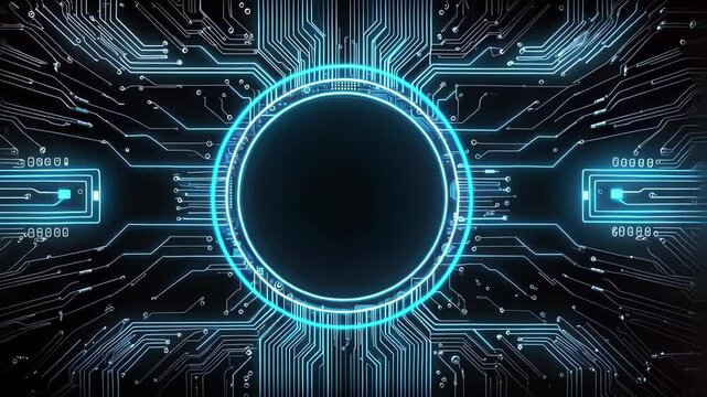 A dynamic visual featuring neon blue circuitry elements, suggesting themes of technology and futurism in a high tech atmosphere