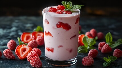 A creamy smoothie featuring strawberries and raspberries, served in a tall glass,  