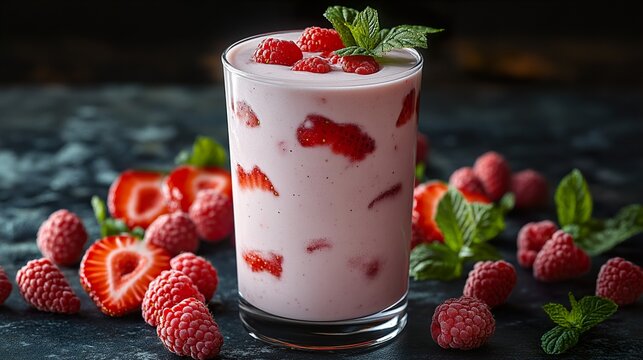 A creamy smoothie featuring strawberries and raspberries, served in a tall glass,   - Powered by Adobe