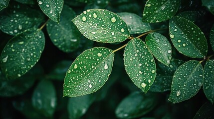 Green Leaves Covered in Raindrops