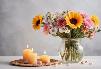 A bouquet of colorful summer flowers with burning candles in the background
