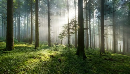 Fototapeta premium 朝の光が差し込み、霧が立ち込める深い森