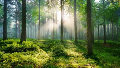 Obraz premium 朝の光が差し込み、霧が立ち込める深い森