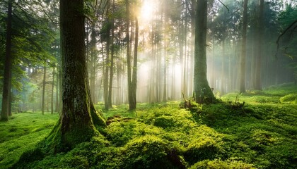 Obraz premium 朝の光が差し込み、霧が立ち込める深い森