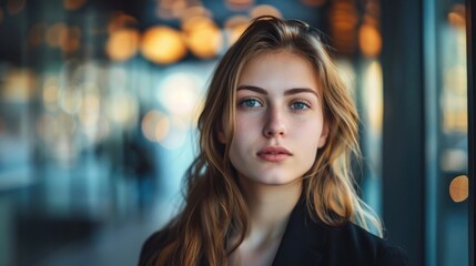 Fototapeta premium Portrait of modern businesswoman wearing suit, AI generated image