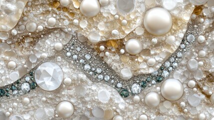 A seamless arrangement of faceted gems and pearls forming a cascading texture, perfect for luxurious designs