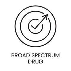 An icon of a circular target with an arrow and checkmark in vector, symbolizing a precise and effective broad spectrum drug, with an editable stroke
