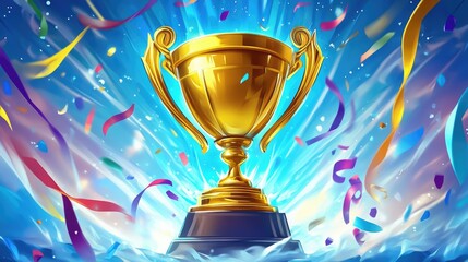 A golden trophy surrounded by confetti and vibrant colors, symbolizing victory and celebration.