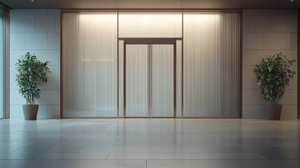Obraz premium Modern Lobby Entrance: Sleek minimalist design. Glass doors and walls, potted plants, polished floors. Perfect for corporate, hotel, or modern building imagery. 