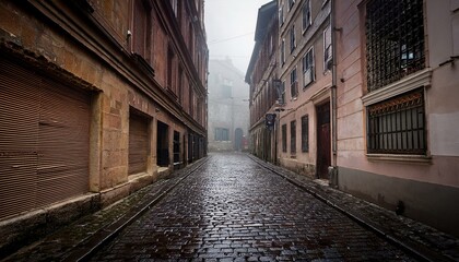 Obraz premium 両側には古い建物が並び、湿った空気が漂う雨上がりの石畳が続く静かな路地。