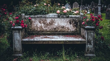 Weathered Bench Surrounded by Roses in Cemetery