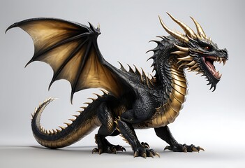 Majestic Black and Gold Dragon in Powerful Pose on Isolated White Background