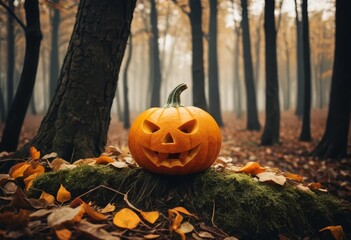 A small pumpkin sitting on a bed of autumn leaves in a forest with a misty atmosphere.
