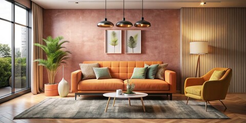 Modern Peach Fuzz Sofa with Trendy Wall Design - Color of the Year 2024 Inspiration for Interior Decor and Cozy Living Spaces