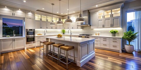 Fototapeta premium Modern White Kitchen Interior Design at Night with Wooden Floor - Contemporary Home Aesthetic, Cozy Ambiance, Stylish Decor, Elegant Lighting, Culinary Space