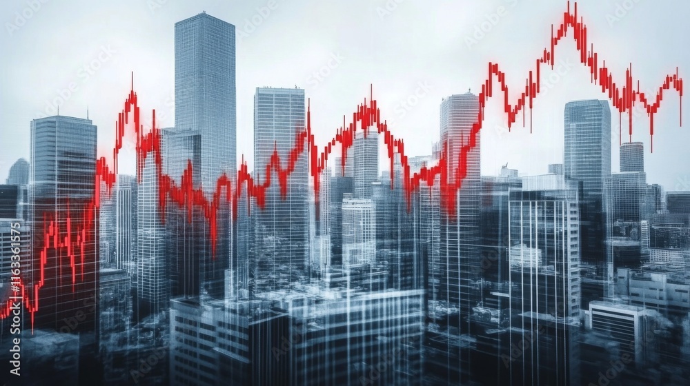 Poster economic crisis concept shown by declining graphs and digital indicators overlap modernistic city ba