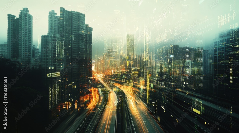 Poster economic crisis concept shown by declining graphs and digital indicators overlap modernistic city ba