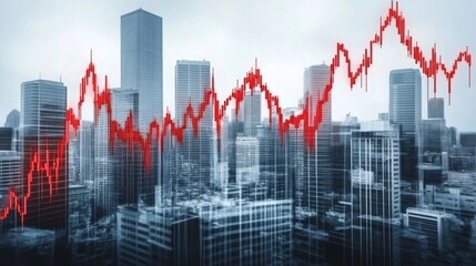 Fototapeta premium Economic crisis concept shown by declining graphs and digital indicators overlap modernistic city background. Double exposure.