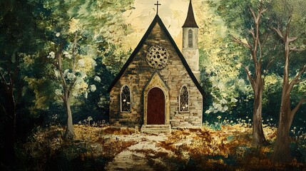 Obraz premium Secluded Stone Church in the Woods: A Peaceful Painting