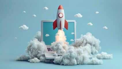 Laptop Launch: A 3D Rocket Takes Off from a Laptop