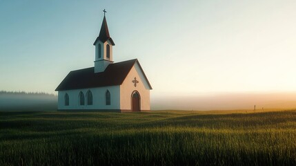 Fototapeta premium Serene Church at Sunrise: A Peaceful Countryside Landscape
