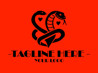 Black cobra wraps around a small heart, against a red background. Suitable for love themes, wildlife concepts, and exotic designs,  valentines Day designs