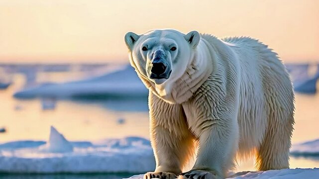 a polar bear  standing on  ice  with  a sunset in the background .