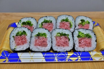 Negitoro makizushi (rolled sushi) purchased at a supermarket in Tokyo, Japan