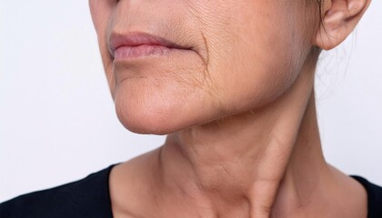 Obraz premium Detailed view of a wrinkled chin and jawline area, showing uneven texture and slight sagging in isolated white background 