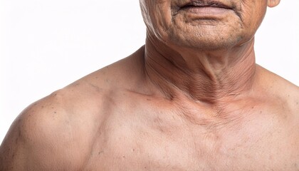 Naklejka premium detailed view of aged and wrinkled skin around the collarbone and neck area with visible folds and texture in isolated white background 