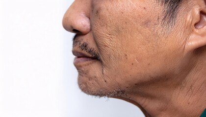 Obraz premium macro image of aged skin on the cheeks and chin showing fine lines dark spots and loose texture in isolated white background 