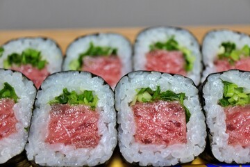 Negitoro makizushi (rolled sushi) purchased at a supermarket in Tokyo, Japan