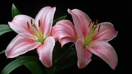 Obraz premium Pink Lilies with Dew Drops on Black Background