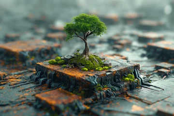 "The Intersection of Innovation and Growth: A Young Tree Emerges from a Technological Platform, Representing the Potential for Sustainable Practices and Future Development." © upali