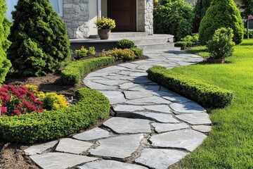 Beautiful Outdoor Pathway with Stone Pavers and Lush Green Landscaping Surrounded by Colorful Flowers and Neatly Trimmed Shrubs in Bright Natural Light
