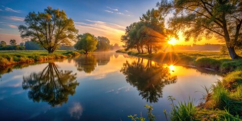 Serene Sunrise Over a Tranquil River, Warm Light and Long Shadows on the Water and Trees, Nature's Beauty at Dawn, Scenic Landscape, Peaceful Morning Reflections