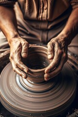 Potter Shaping Clay with Human Hands on a Wheel