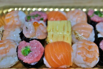 Temari-zushi (ball-shaped sushi) purchased at a supermarket in Tokyo, Japan