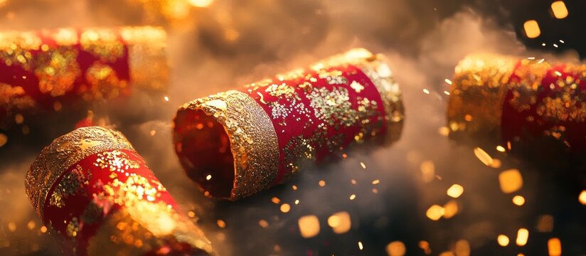 Red and gold firecrackers exploding with sparks and smoke.