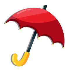 Red umbrella vector isolated on white background. Colorful umbrella icon. Parasol for rainy weather. Umbrella vector illustration in cartoon style. Rainy season design element. Umbrella for kids. 