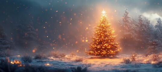 Naklejka premium Christmas Tree with Snowy Blurred Background.