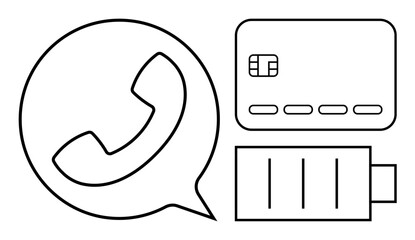 Phone in chat bubble, credit card, and battery icons representing communication, finance, and energy. Ideal for mobile apps, finance tech, telecommunications, energy efficiency online payment