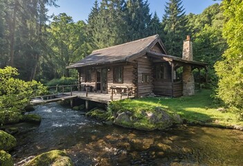 Cozy rustic log cabin nestled by a flowing stream in a lush green forest