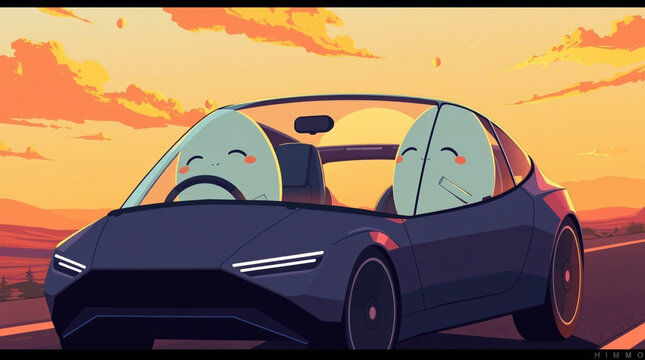 Boiled egg drive a car with happy face