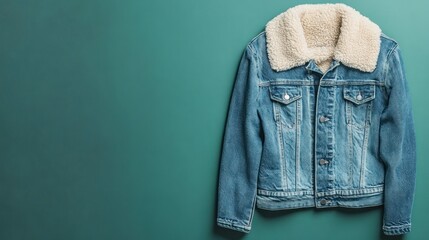 Blue denim jacket with sherpa collar on teal background. (1)