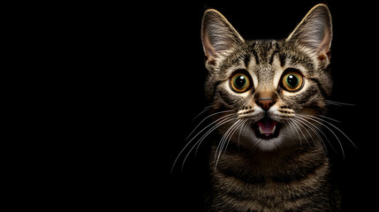 Obraz premium Shocked cat with his mouth open, surprised, puzzled, funny, crazy for business poster with copy space